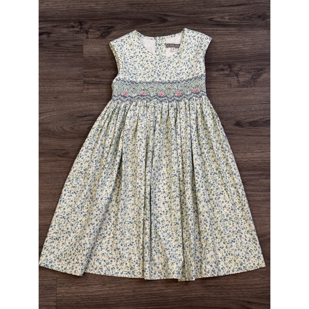 Les Petits Soleils Dress Girls 6 Blue Floral Smocked Heirloom Cottagecore
